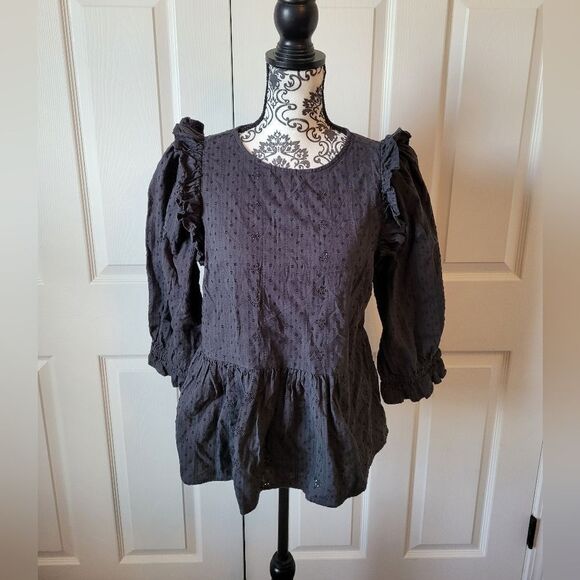 Woman's black eyelet Blouse with ruffles - Picture 1 of 5